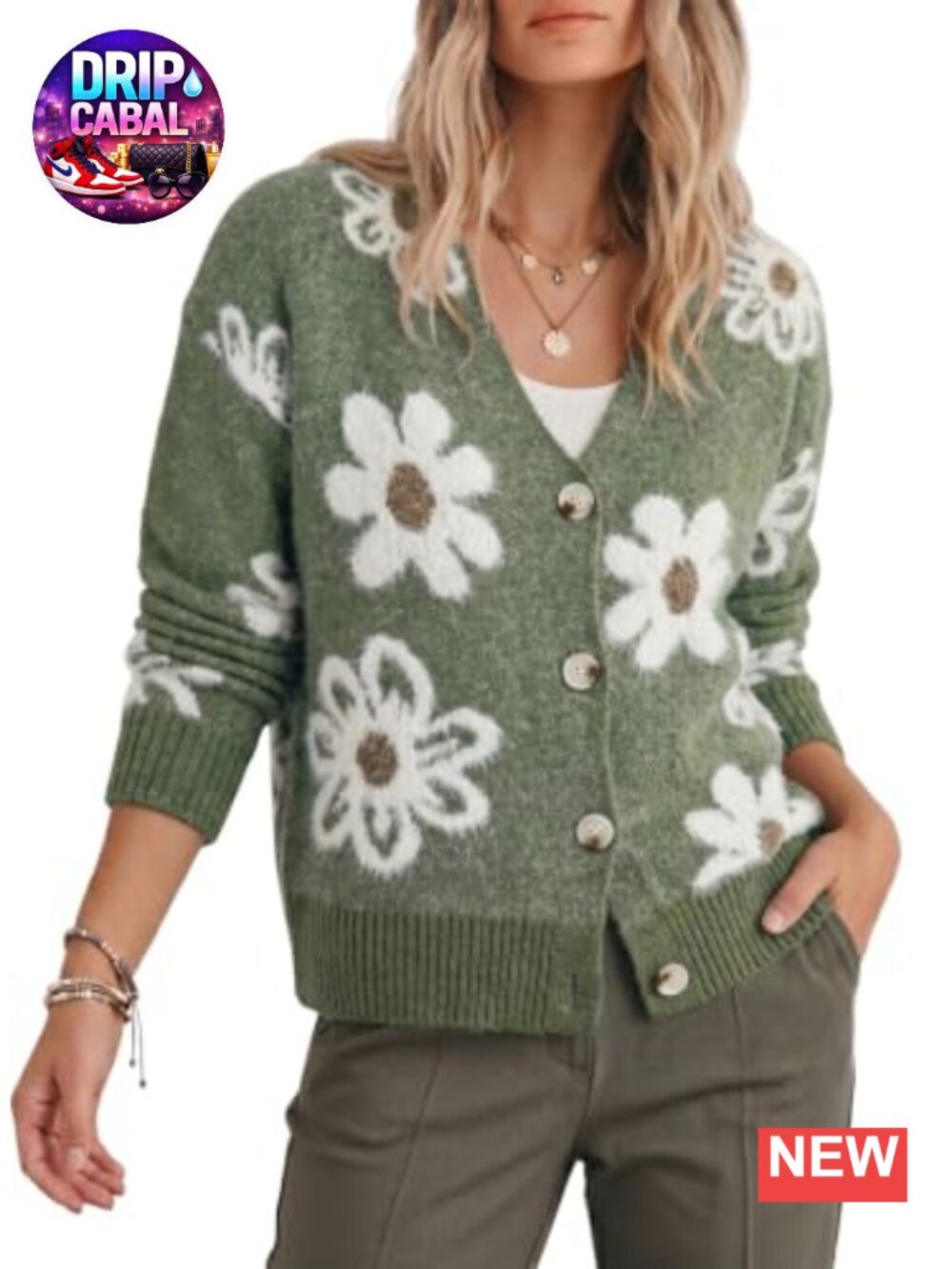 Fuzzy Floral Knit Open Front Cardigan Sweater Button Down Long Sleeve